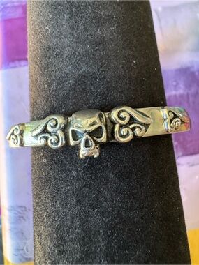 Stainless Silver Skull Motif Cuff Bracelet - Decorative Scroll Accents